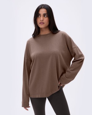 Adanola Washed Long Sleeve Oversized T-shirt Bruin | 03974-XHFU